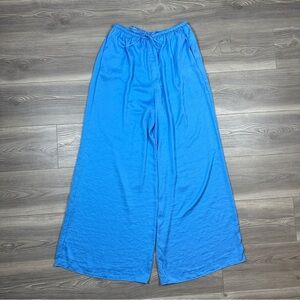 Zara‎ Light Blue Satin Wide Leg Pants Drawstring Waist Pockets Size M